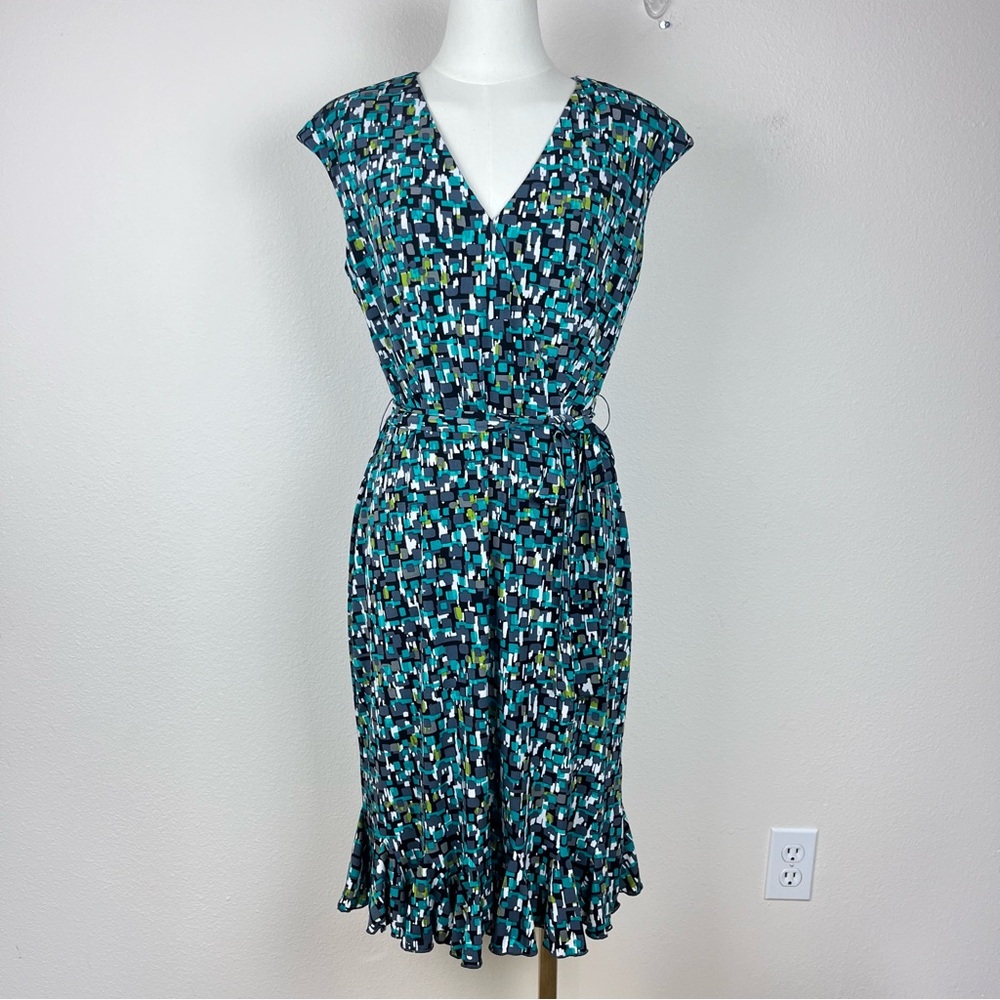 Glamour Dress Womens Six Faux Wrap Geometric Ruffle Hem Cottage Office Green